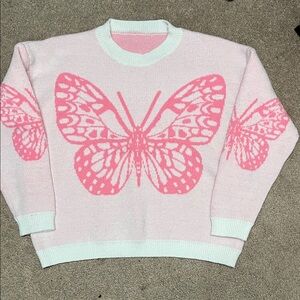 SHEIN Pink Butterfly Crew Neck Sweater